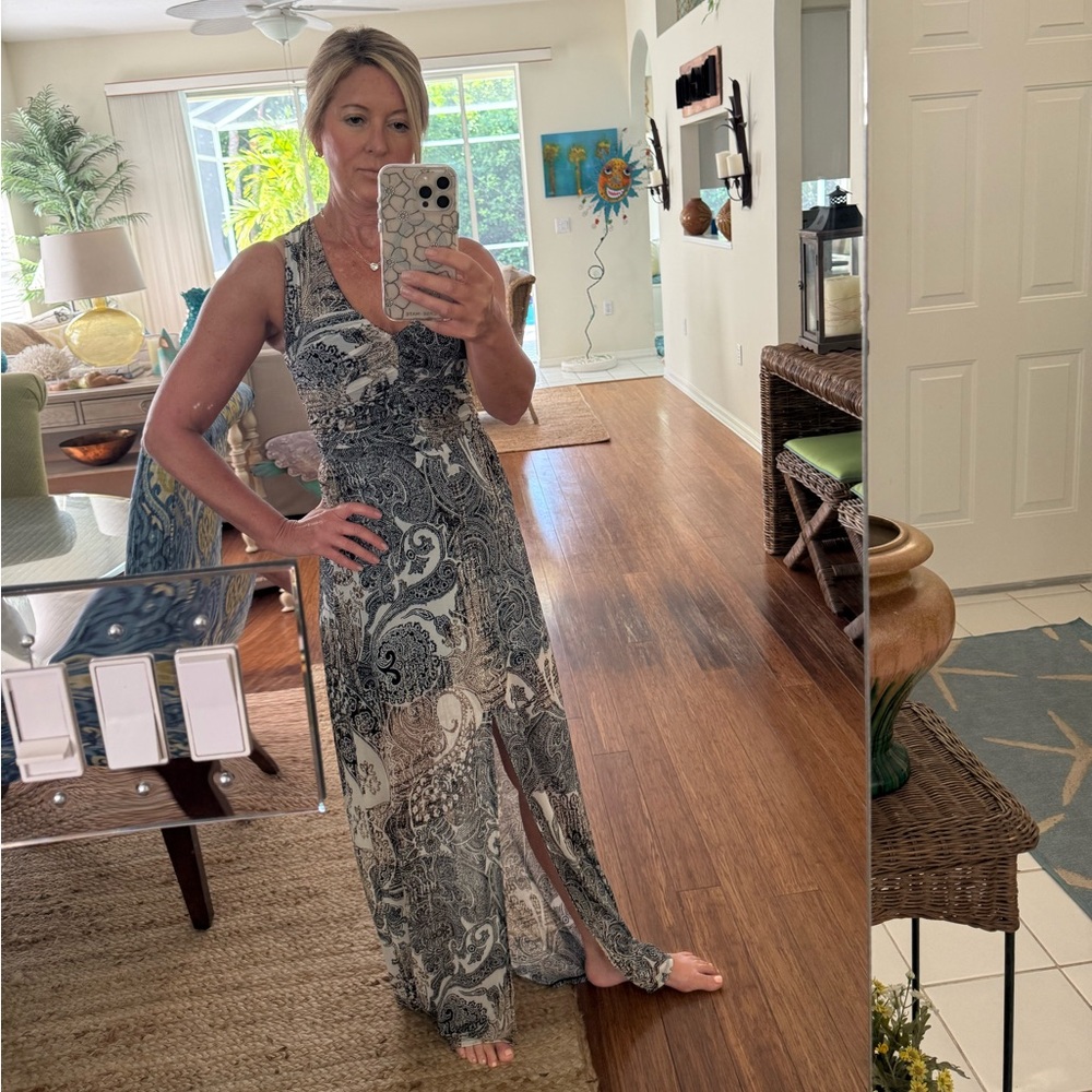 Cache Black, Cream, and Tan Paisley Evening Dress